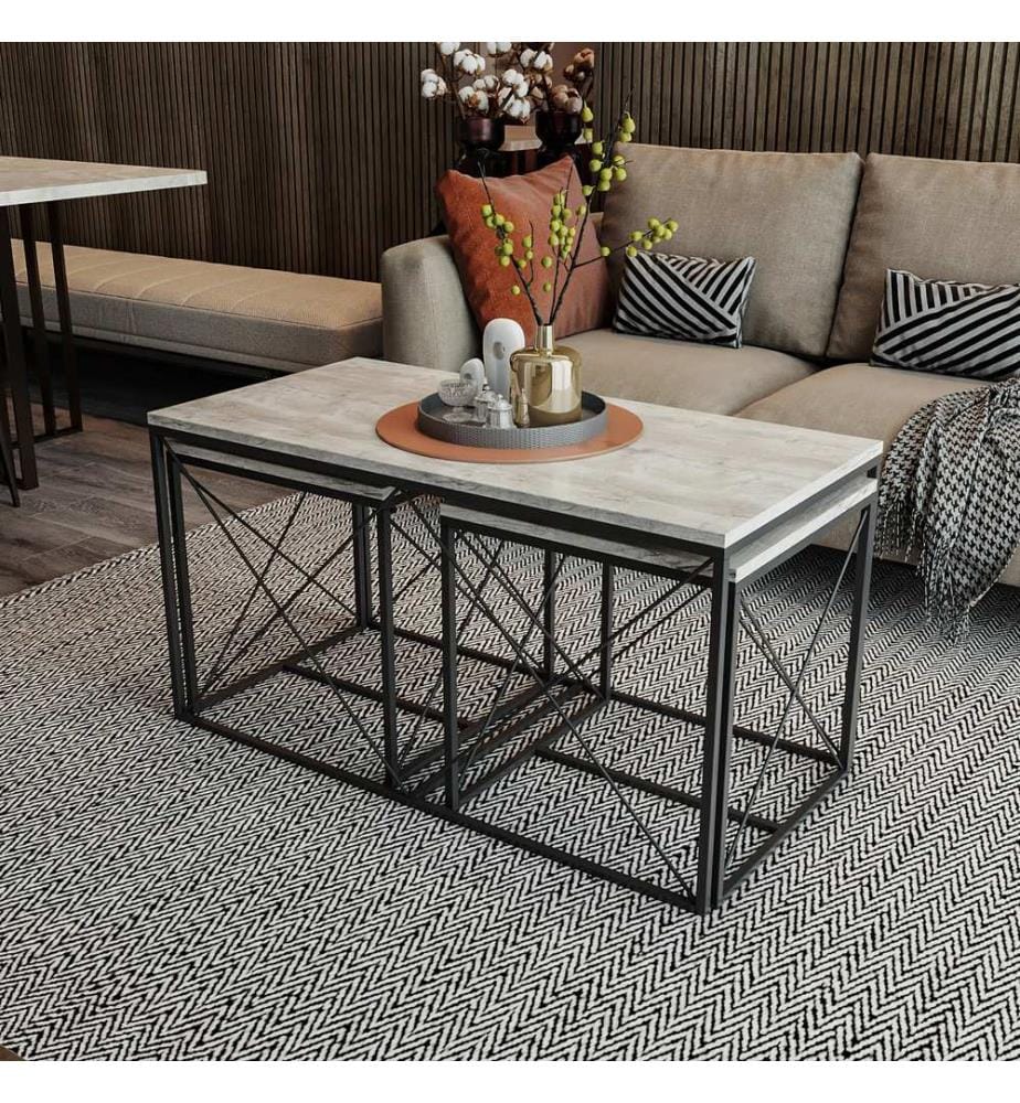 Table basse, Gris clair, Noir, Panneau de particules mélaminé, Pieds en métal