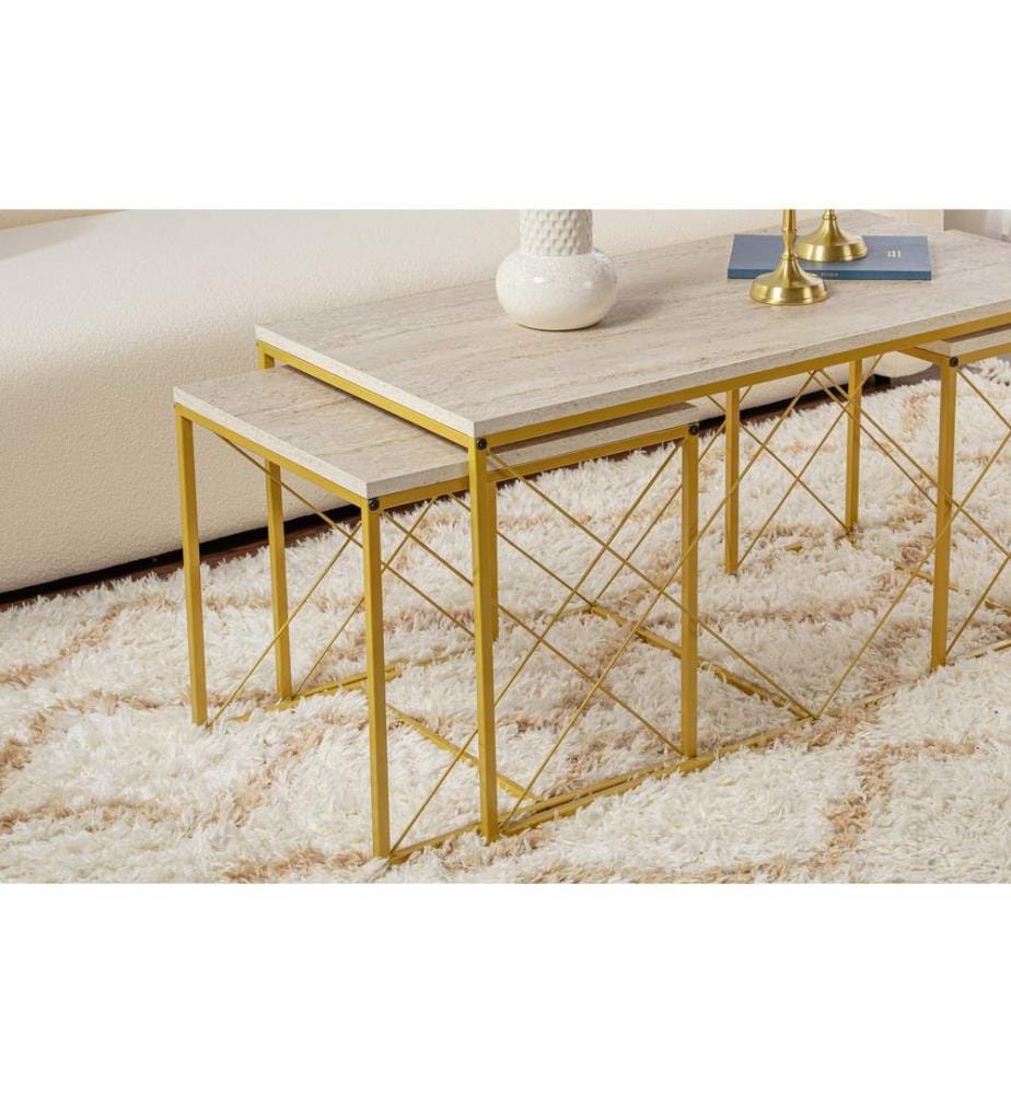 Coffee Table Set, Travertine , Gold, 100% MELAMINE COATED PARTICLE BOARD, Metal Legs