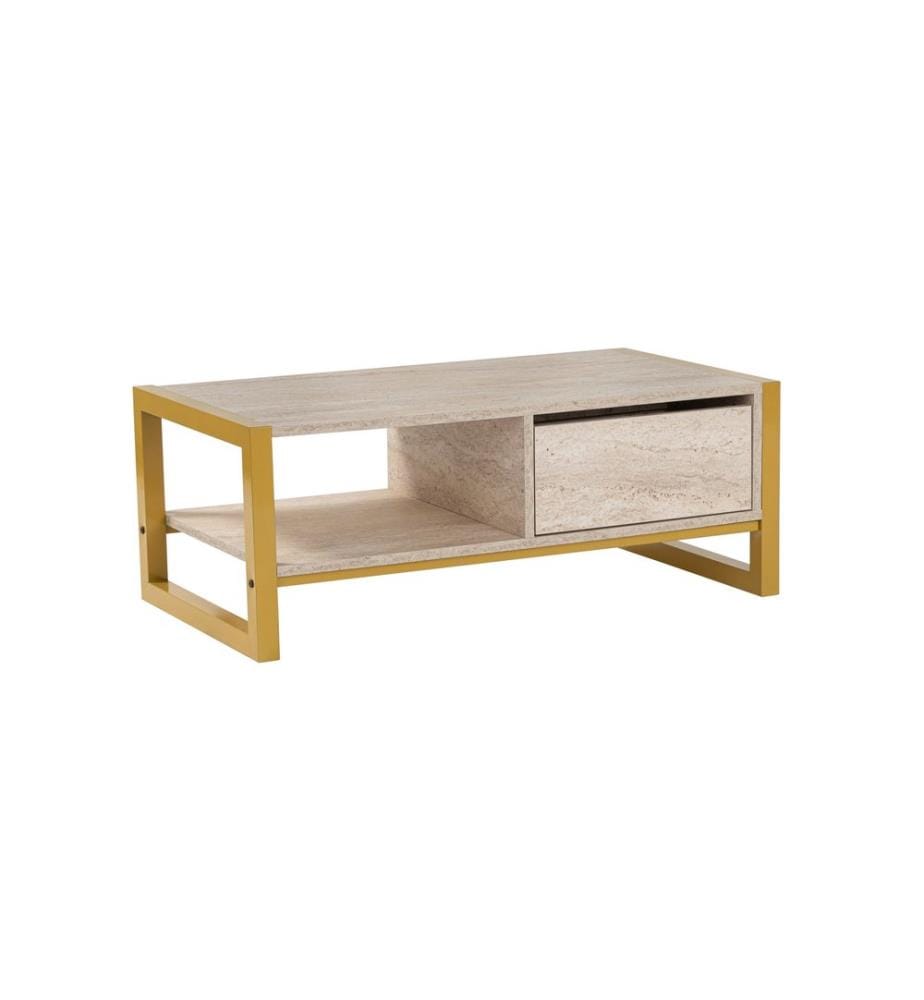 Table basse, travertin, dorée, panneau de particules 100 % mélaminé, structure : 100 % MÉTAL