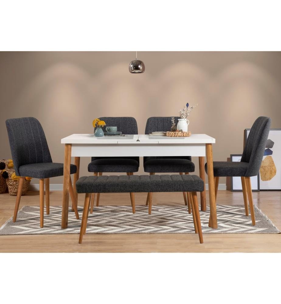 Table & Chairs Set, 6 Pieces, Atlantic PineWhiteAnthracite, Melamine Coated Particle Board
