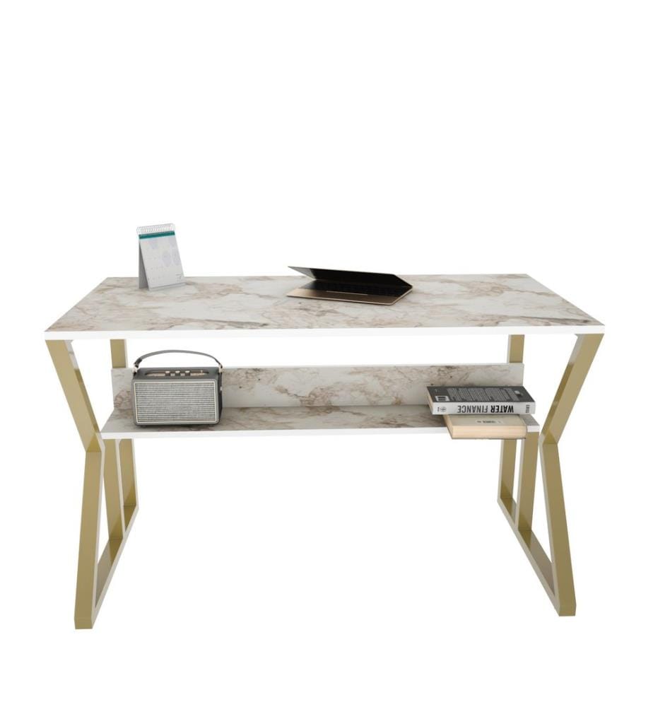 Scrivania, Bianco, Oro, Pannello di particelle rivestito in melamina