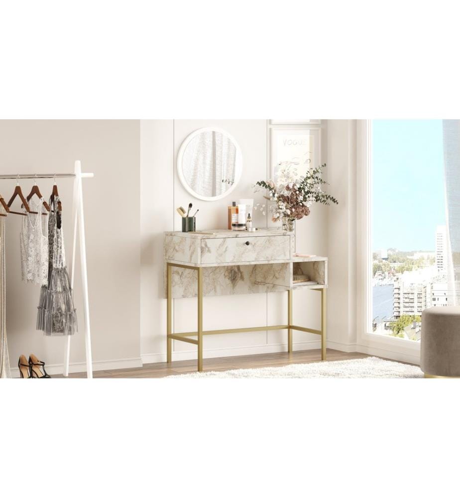 Table de maquillage, blanc, or, panneau de particules mélaminé