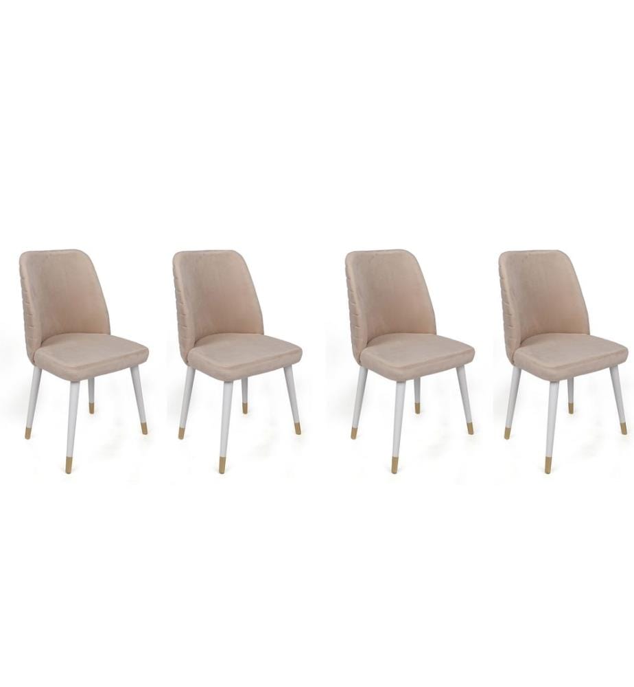 Ensemble de chaises, 4 pièces, crème, blanc, or, piétement : Métal, Siège : Tissu de velours