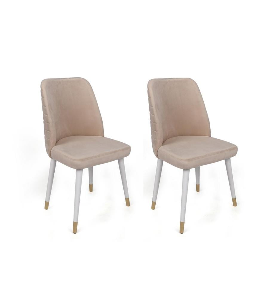 Ensemble de chaises, 4 pièces, crème, blanc, or, piétement : Métal, Siège : Tissu de velours