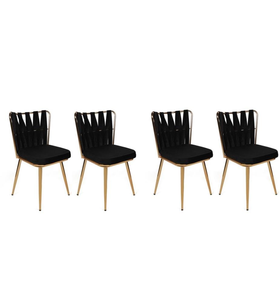 Stuhl Set , 4 Stück, Schwarz, Gold, Gestell: Metall, Sitz: Samtstoff / Melaminharzbeschichtete Spanplatte, Rückenlehne: Metall / Samtstoff