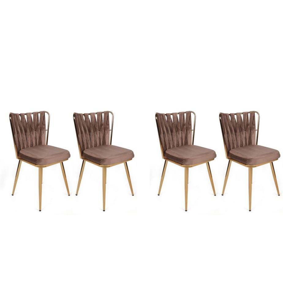 Ensemble de chaises, 4 pièces, Light Brown, Gold, piétement : métal, assise : tissu velours / panneau de particules mélaminé, dossier : métal / tissu velours : Métal, siège : tissu velours / panneaux de particules mélaminés, dossier : métal / t