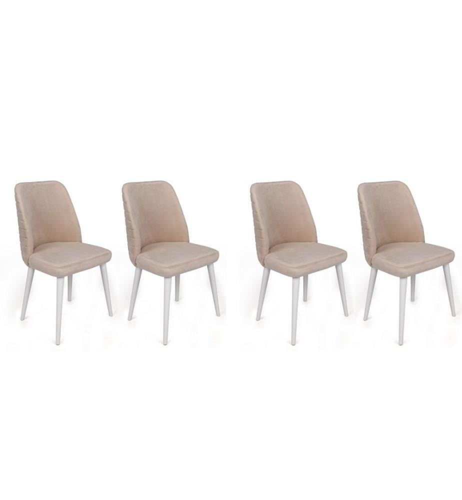 Ensemble de chaises, 4 pièces, crème, blanc, piétement : Métal, Siège : Tissu de velours
