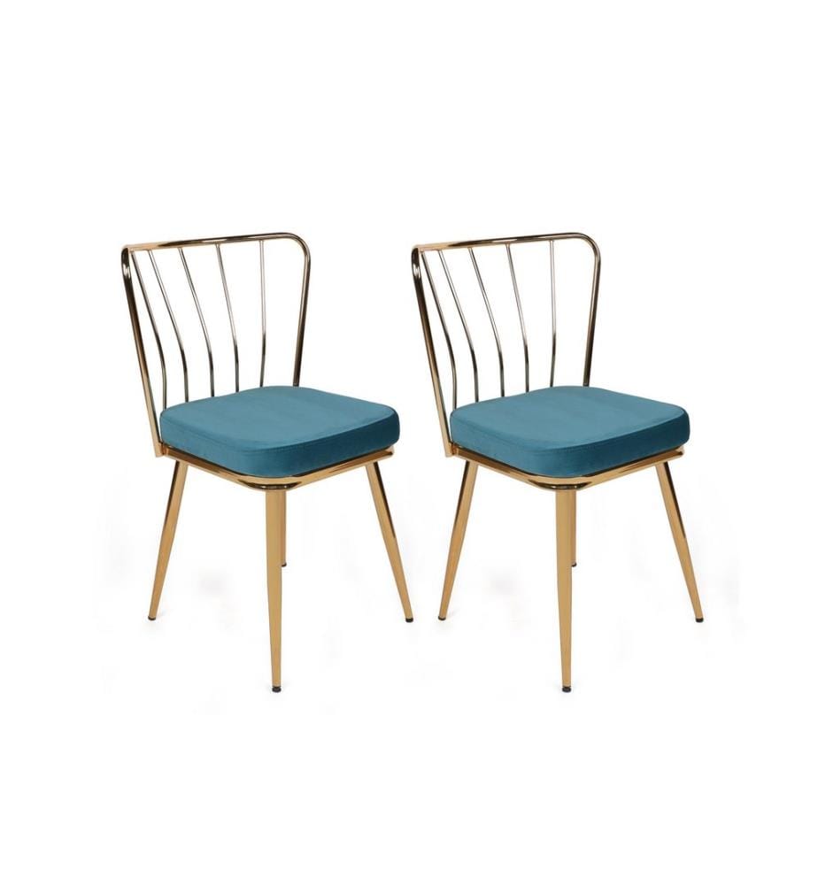 Ensemble de chaises, 2 pièces, bleu, or, piétement : métal, assise : tissu velours / panneau de particules mélaminé, dossier : métal : Métal, siège : tissu velours / panneau de particules mélaminé, dossier : métal : Métal