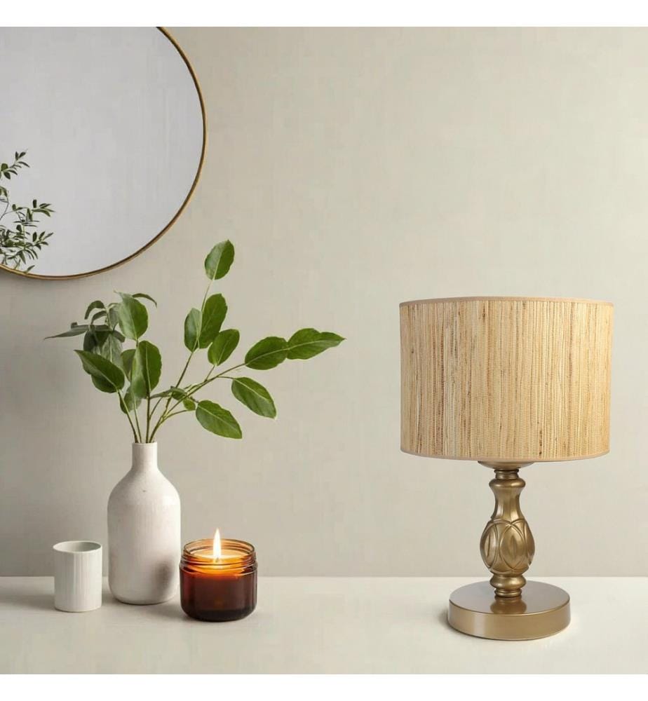 Tischlampe, Eiche, Gold, Metallkörper, Stoffkappe