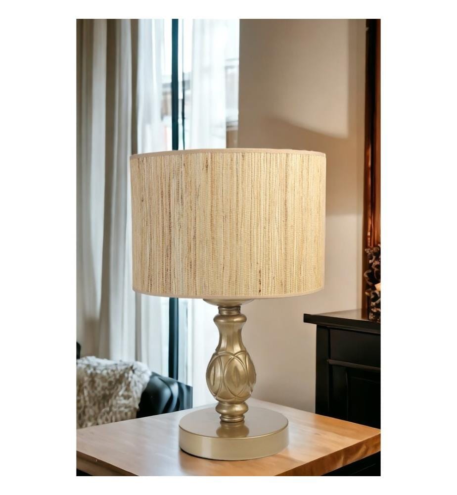 Tischlampe, Eiche, Gold, Metallkörper, Stoffkappe