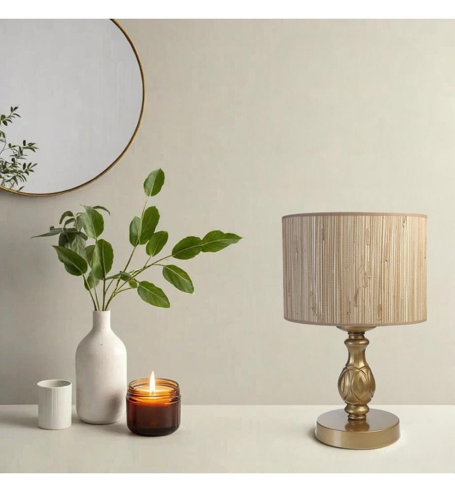 Tischlampe, Eiche, Gold, Metallkörper, Stoffkappe