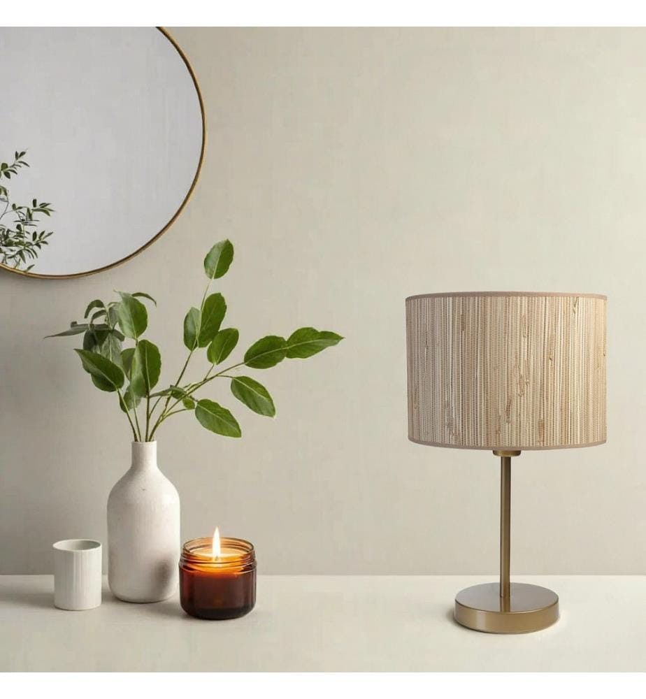 Lampe de table, chêne, dorée, CORPS EN MÉTAL, abat-jour en bambou
