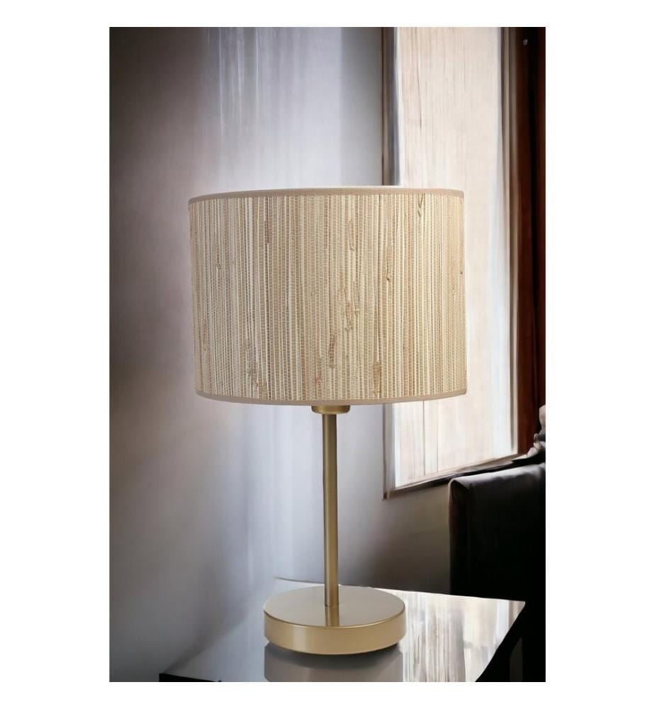 Lampe de table, chêne, dorée, CORPS EN MÉTAL, abat-jour en bambou