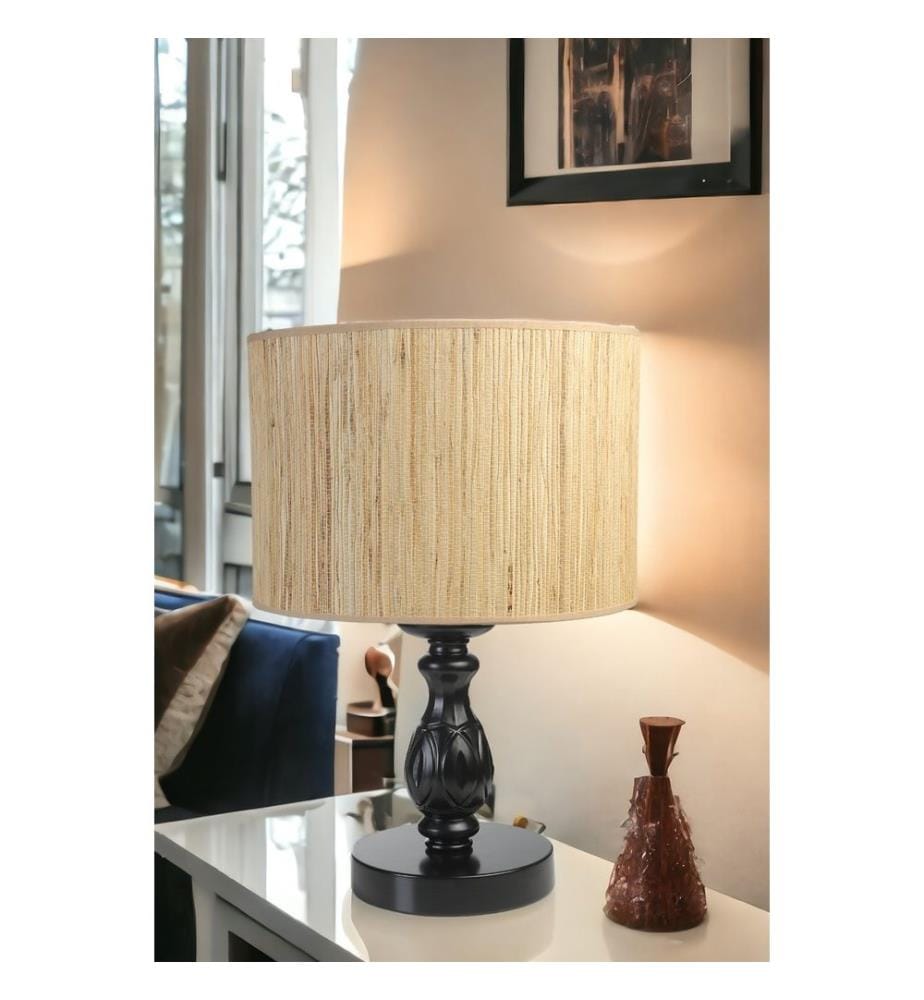 Tischlampe, schwarz, Metallkörper, Stoffkappe
