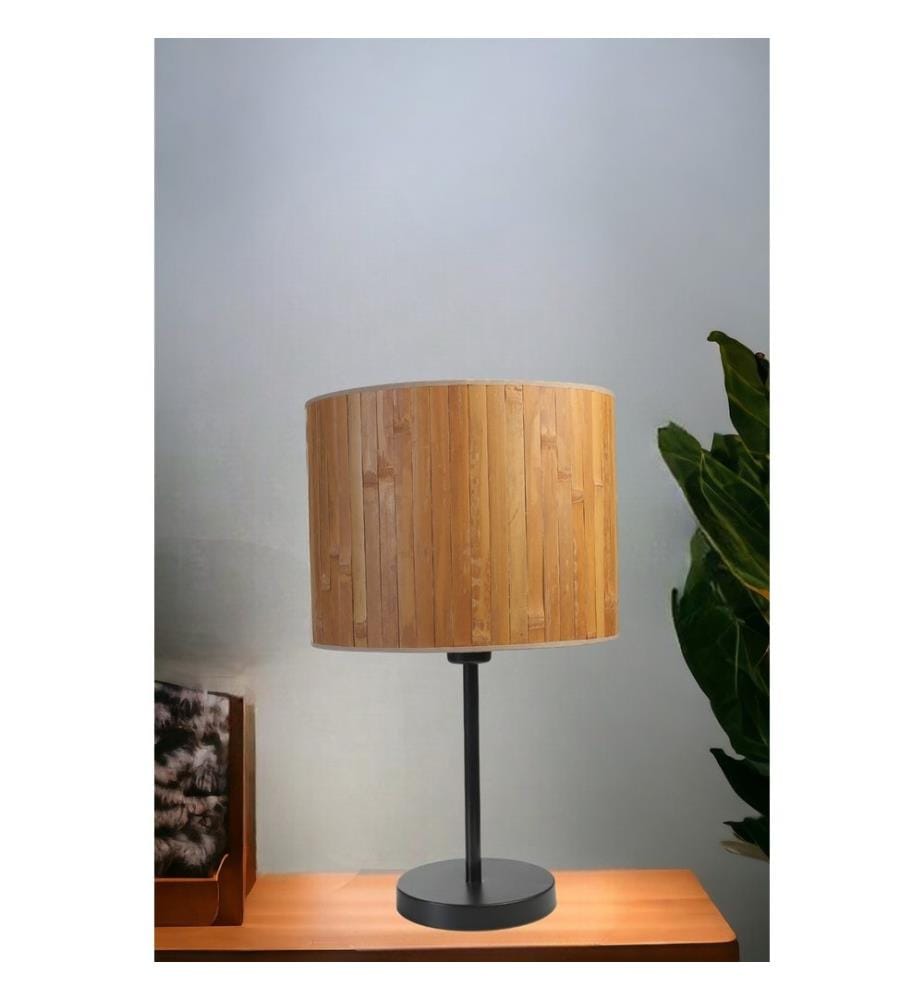 Lampe de table, noire, marron moyen, CORPS EN MÉTAL, abat-jour en bambou