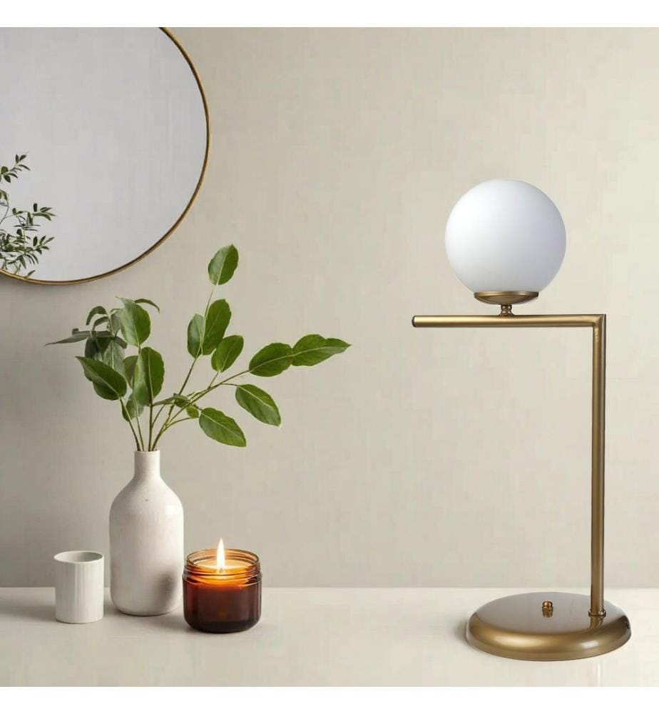 Lampe de table, blanche, CORPS EN MÉTAL, abat-jour en verre