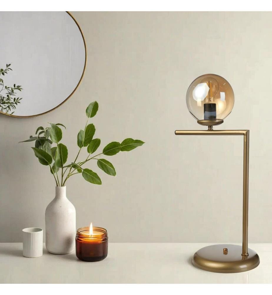 Tischlampe, Bernstein, Metallkörper, Glaskappe