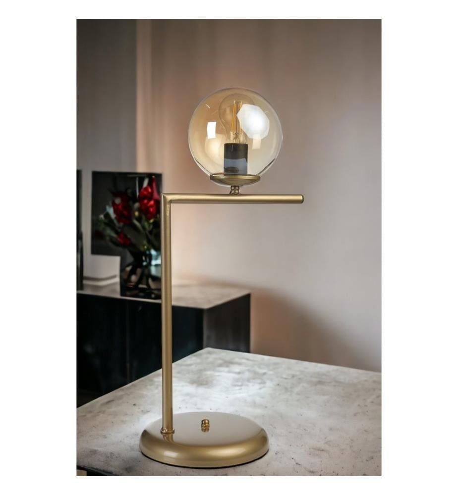 Tischlampe, Bernstein, Metallkörper, Glaskappe