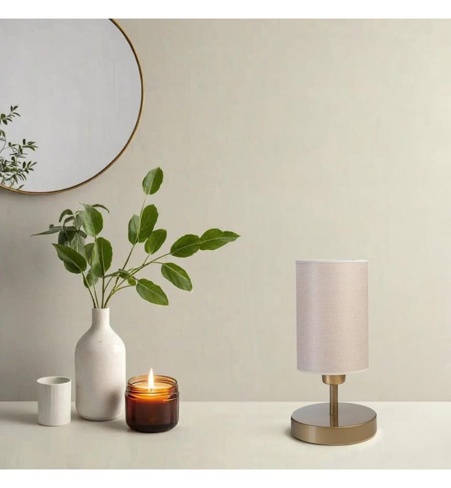 Tischlampe, Creme, Gold, Metallkörper, Stoffkappe