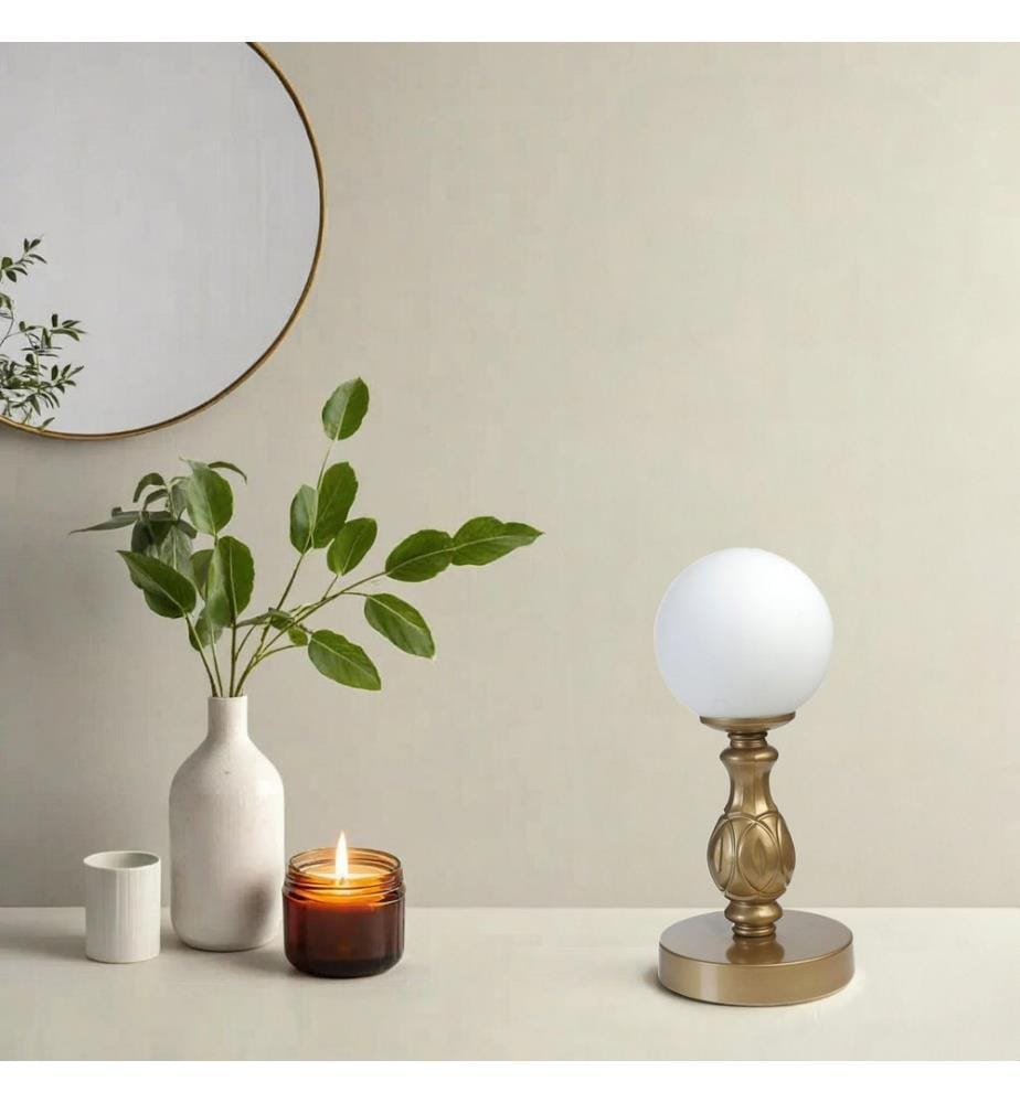 Lampe de table, dorée, blanche, CORPS EN MÉTAL, CAPUCHON EN VERRE
