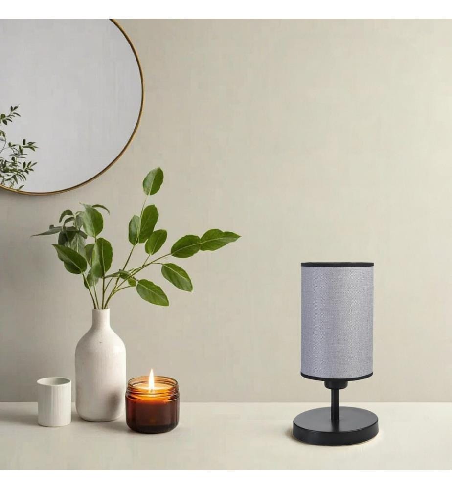 Tischlampe, Schwarz, Grau, Metallkörper, Stoffkappe