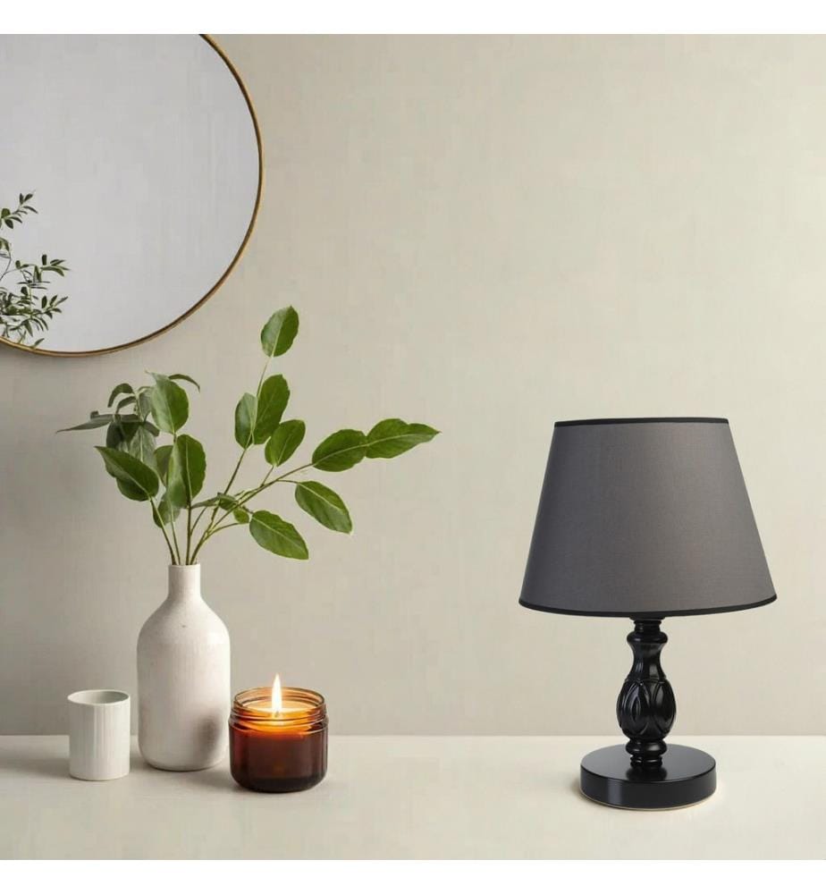 Tischlampe, Schwarz, Dunkelgrau, Metallkörper, Stoffkappe