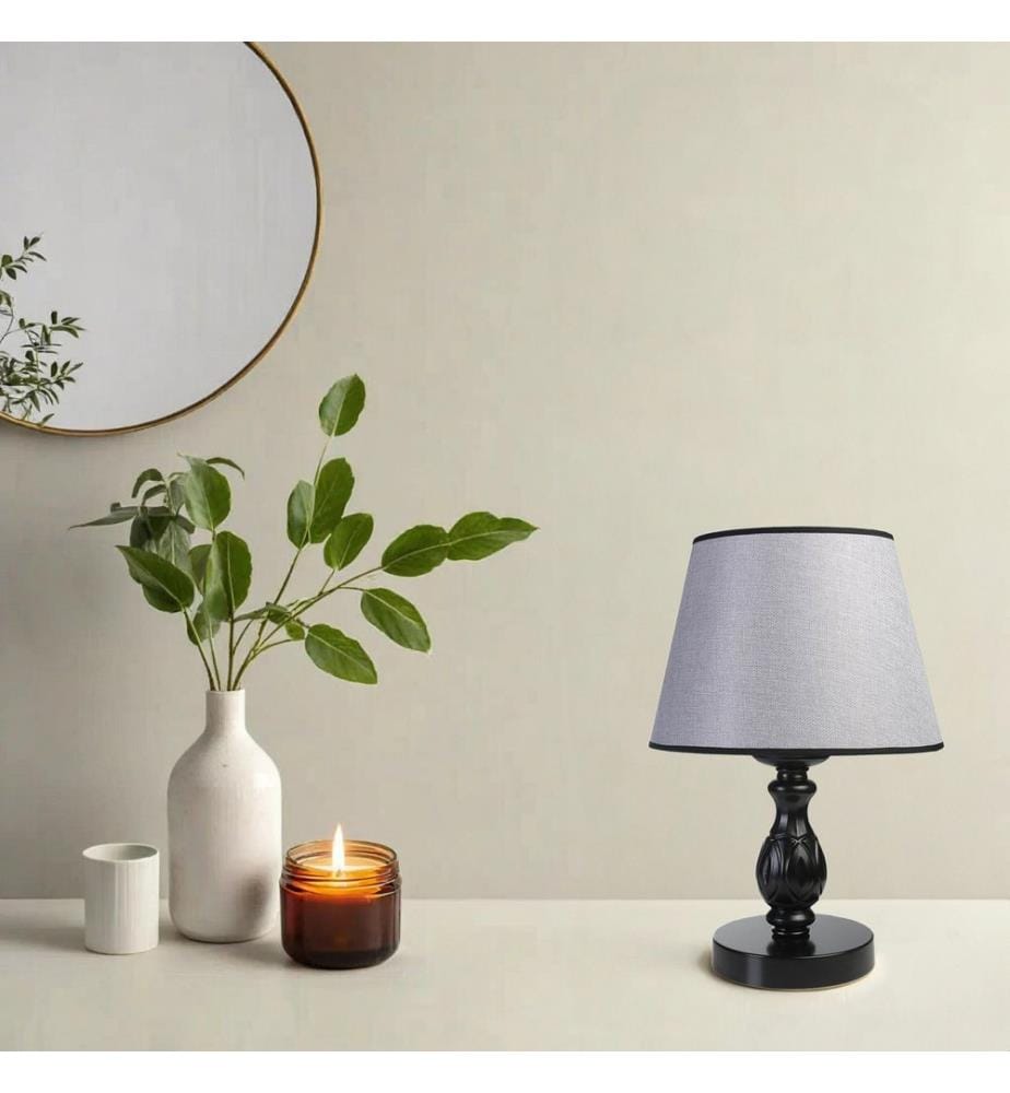 Tischlampe, Schwarz, Grau, Metallkörper, Stoffkappe