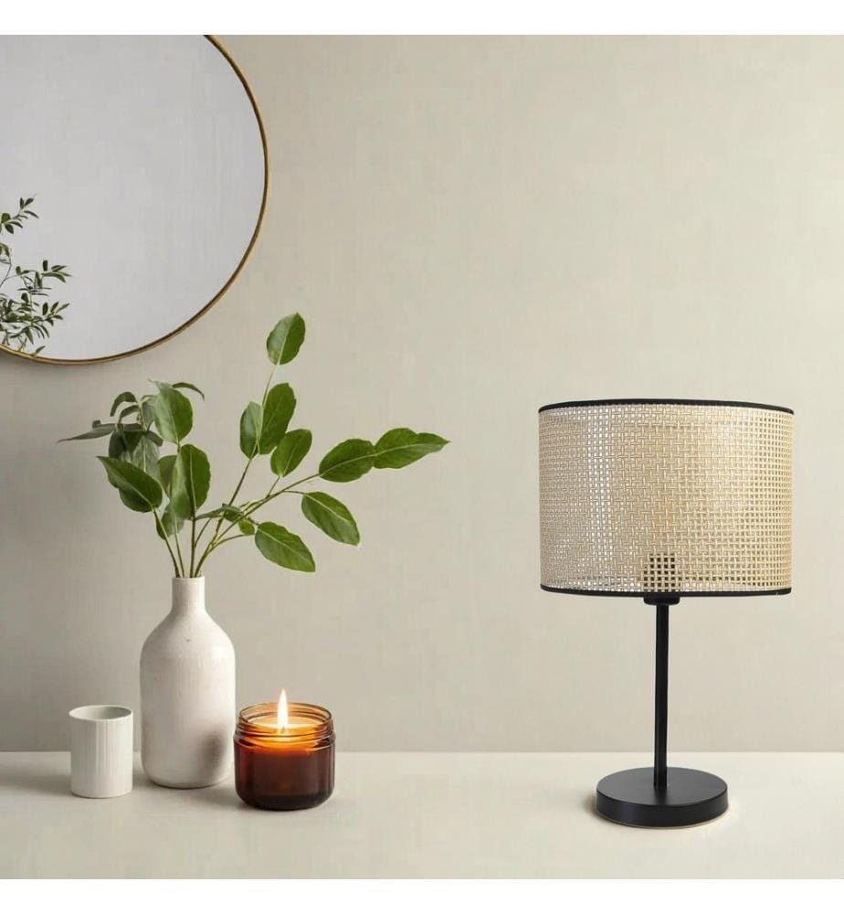 Lampe de table, noire, CORPS EN MÉTAL, abat-jour en bambou