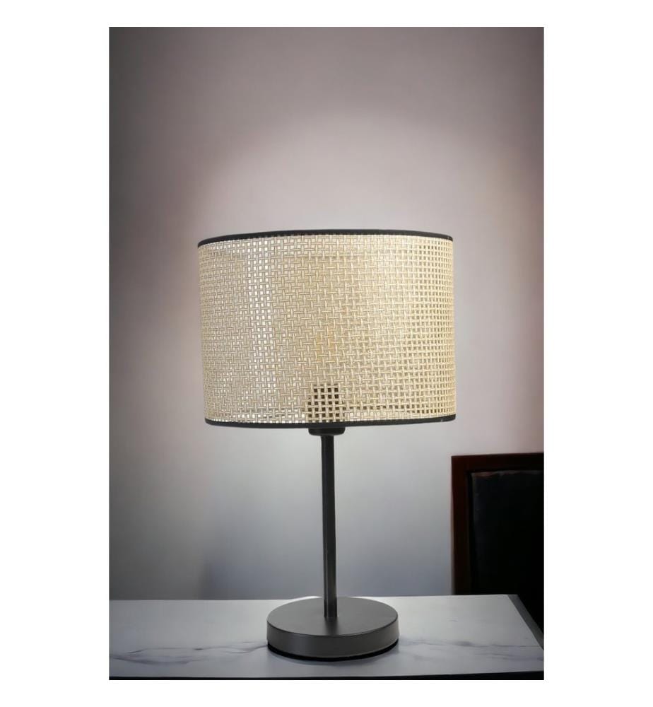 Lampe de table, noire, CORPS EN MÉTAL, abat-jour en bambou
