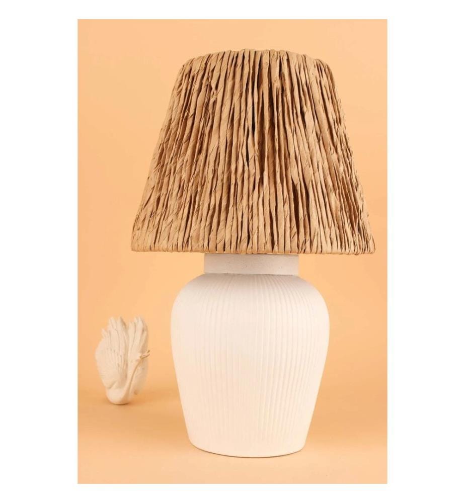 Tischlampe, Weiss, Eiche, Keramik-Korpus, Jute-Kappe