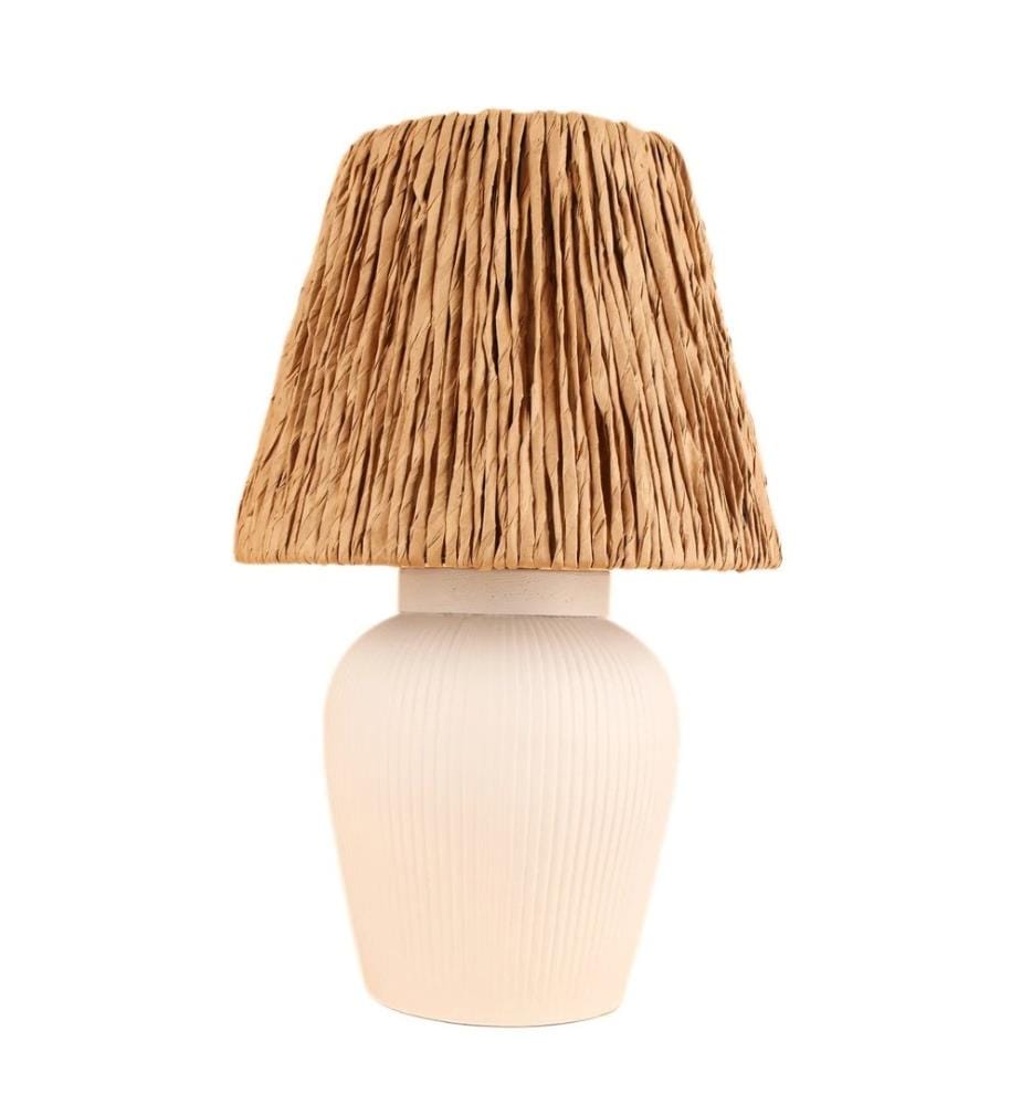 Tischlampe, Weiss, Eiche, Keramik-Korpus, Jute-Kappe