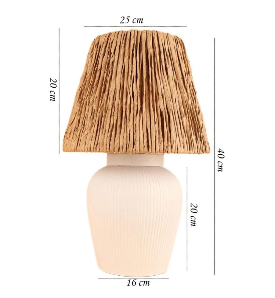 Tischlampe, Weiss, Eiche, Keramik-Korpus, Jute-Kappe