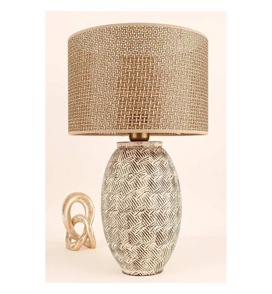 Lampe de table, marron, crème, chêne, CORPS EN CÉRAMIQUE, CAPUCHON EN PVC