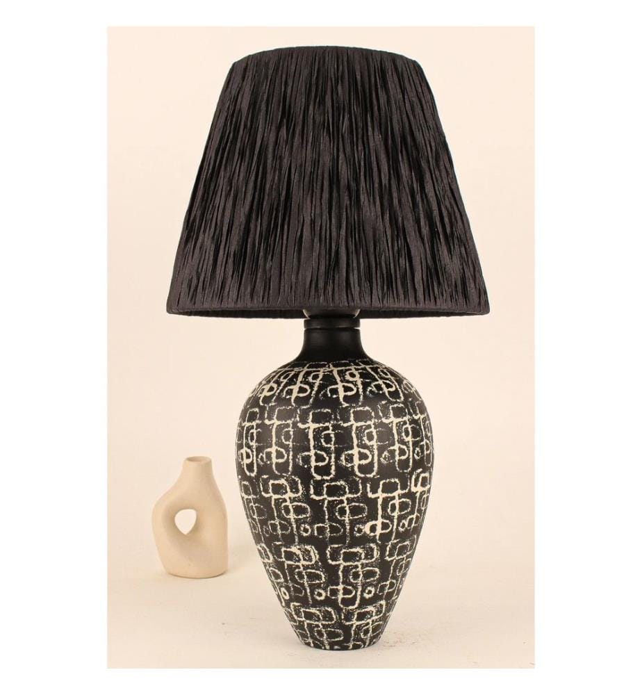 Lampe de table, noire, crème, CORPS EN CÉRAMIQUE, CAPUCHON EN RAFIA