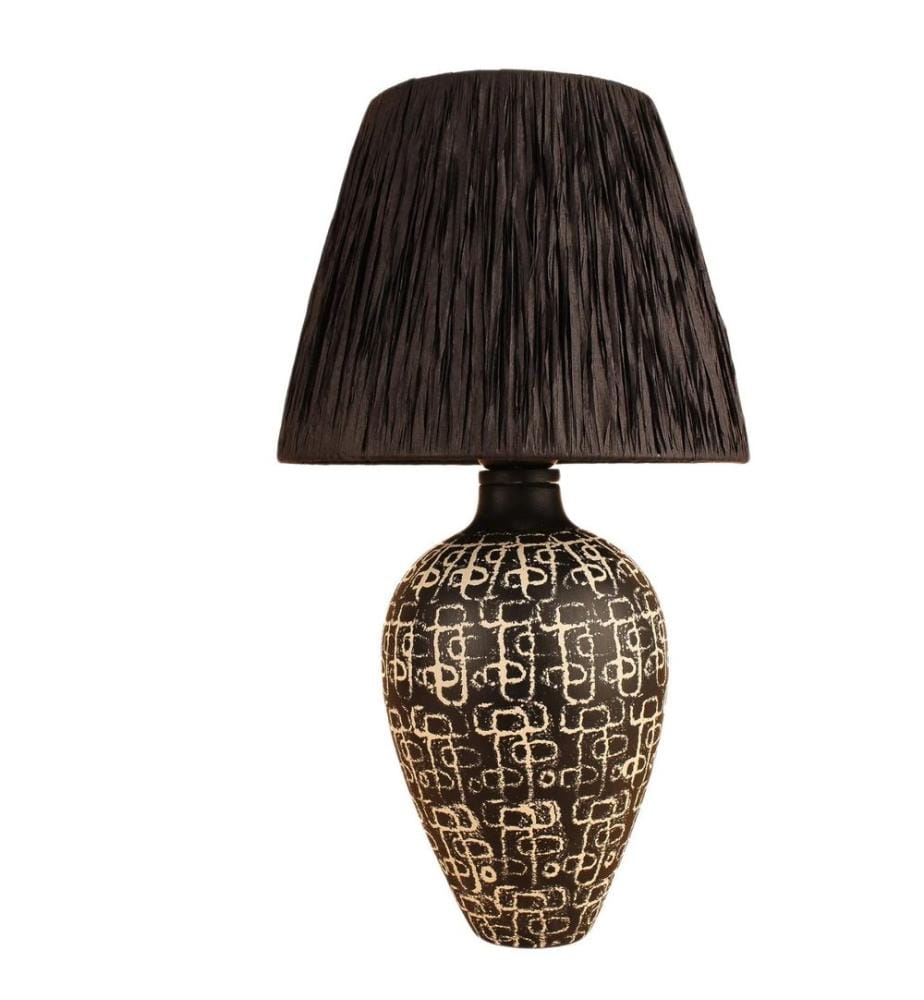 Lampe de table, noire, crème, CORPS EN CÉRAMIQUE, CAPUCHON EN RAFIA