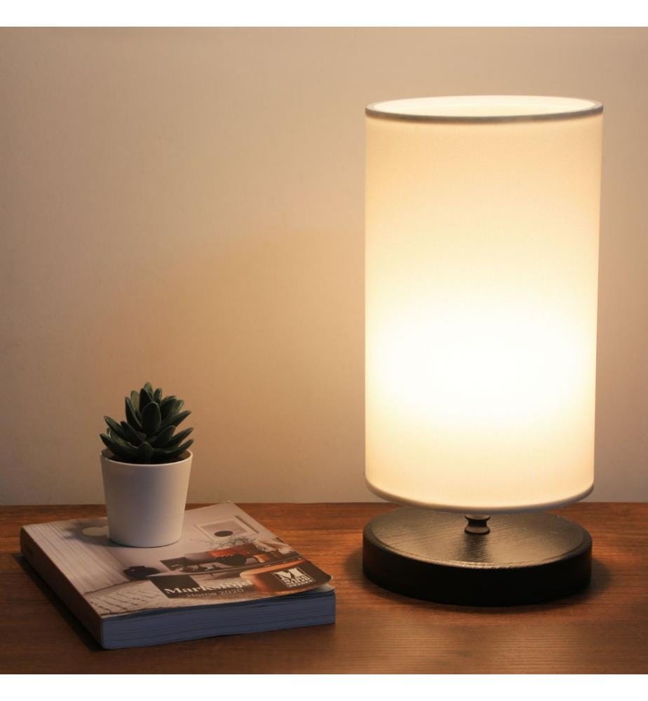 Lampe de table, crème, CORPS EN TISSU, pieds en bois