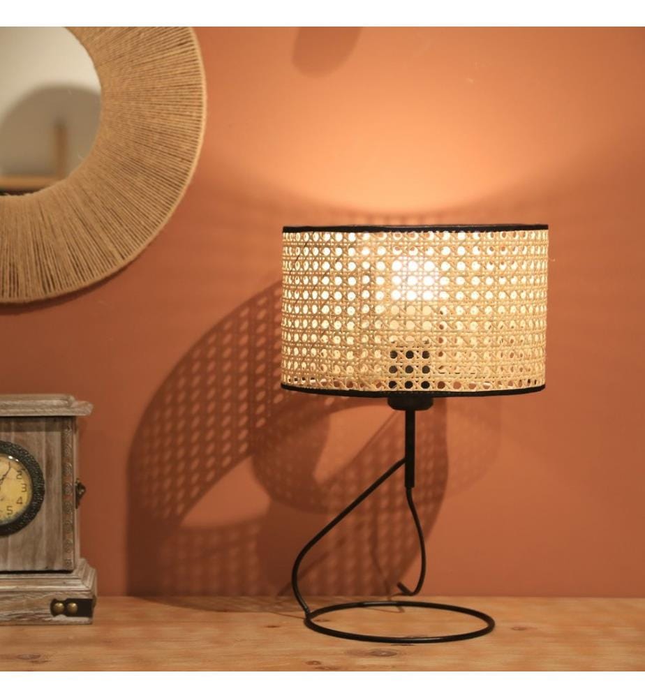 Tischlampe, cremefarben, schwarz, 100 % RATTAN, Rahmen: 100 % METALL
