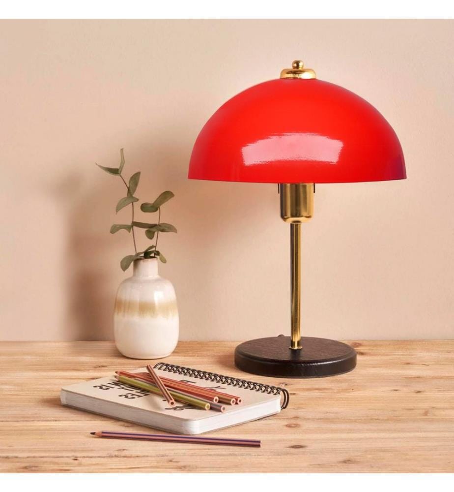 Lampe de table, rouge, corps en métal, capuchon en métal