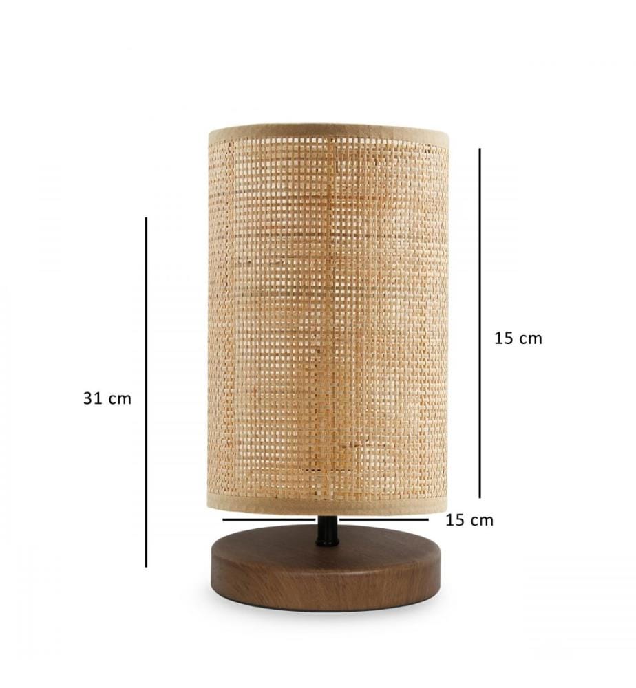 Lampe de table, crème, corps en bois, abat-jour en rotin bambou
