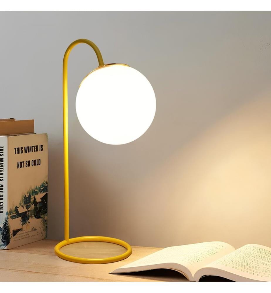 Lampe de table, jaune, corps en métal, abat-jour en verre