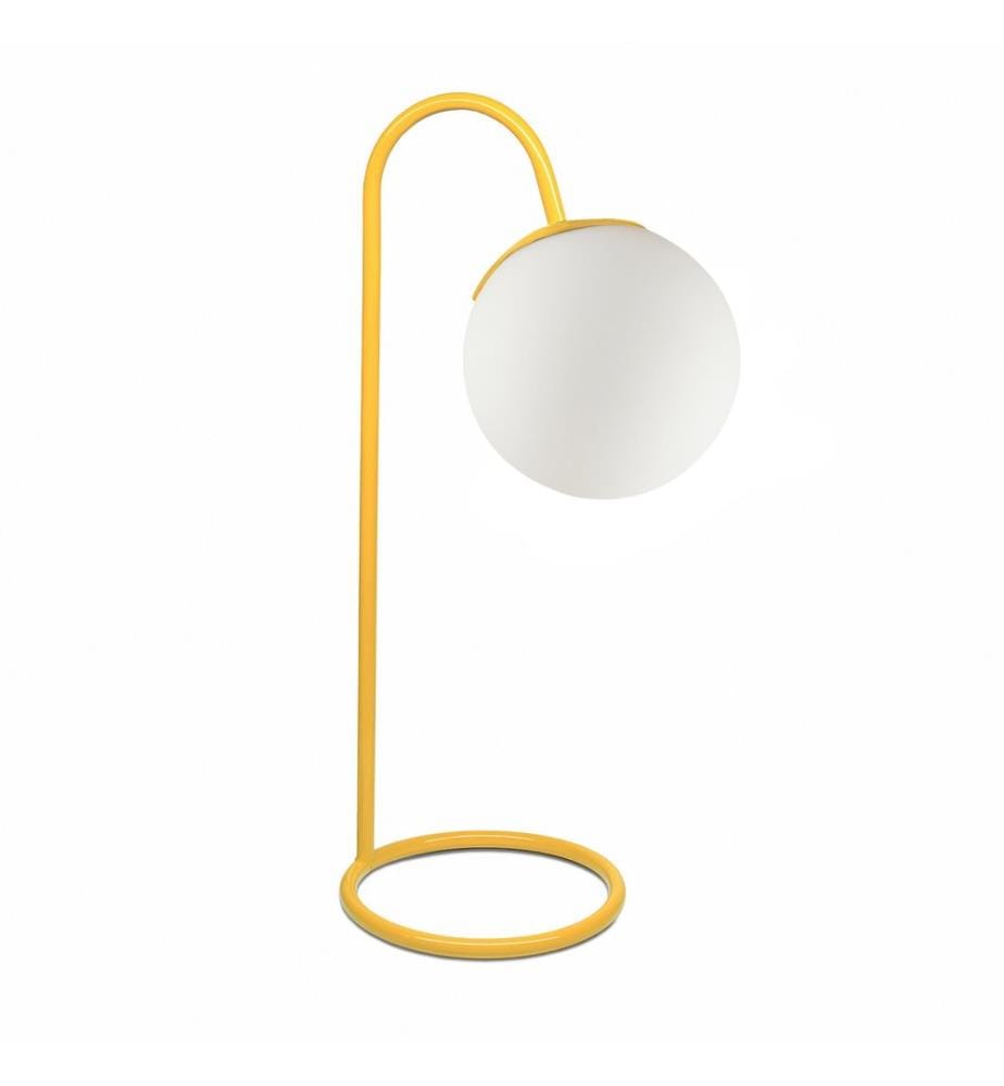 Lampe de table, jaune, corps en métal, abat-jour en verre