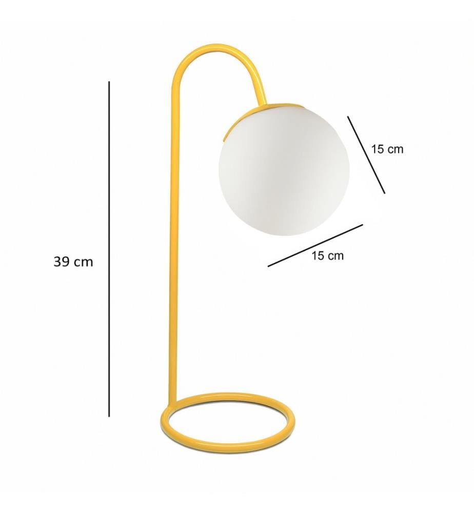 Lampe de table, jaune, corps en métal, abat-jour en verre