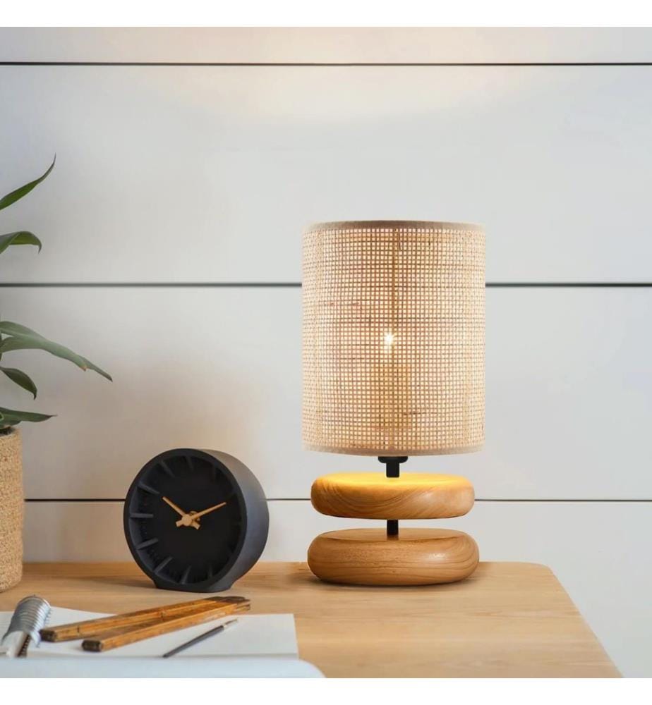 Lampe de table, beige, corps en bois, abat-jour en bambou