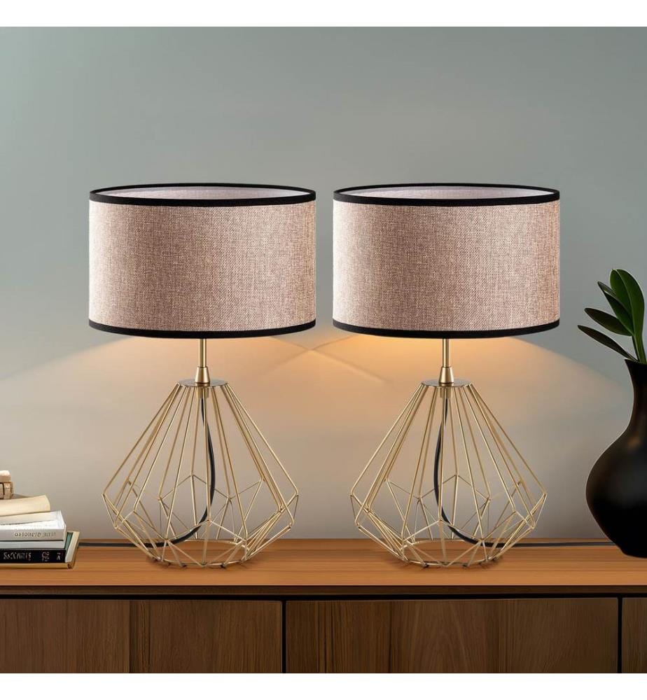 Ensemble de lampes de table, 2 pièces, doré, CORPS EN MÉTAL, abat-jour en tissu