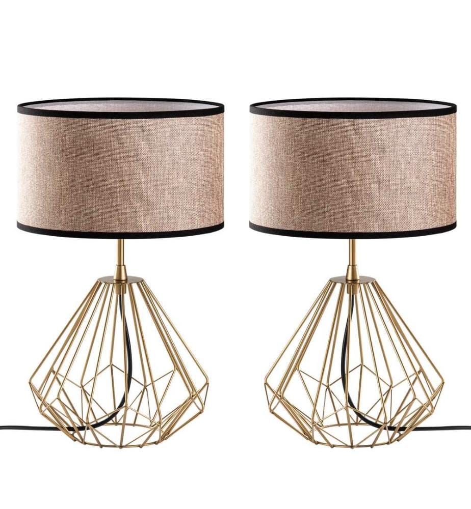 Ensemble de lampes de table, 2 pièces, doré, CORPS EN MÉTAL, abat-jour en tissu