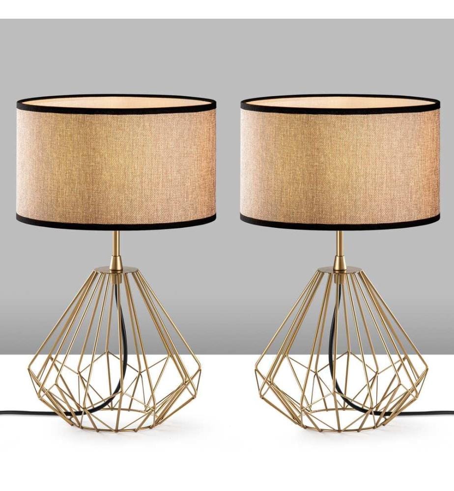 Ensemble de lampes de table, 2 pièces, doré, CORPS EN MÉTAL, abat-jour en tissu