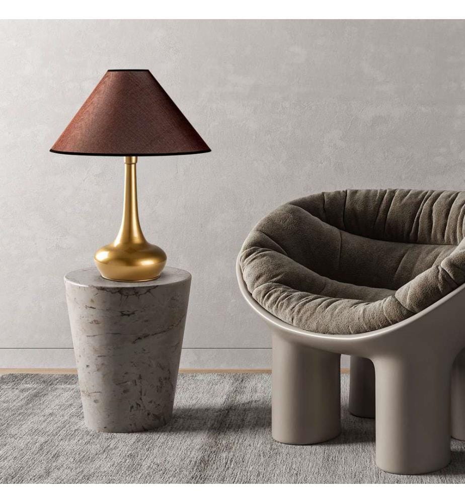Lampe de table, dorée, corps en métal, capuchon en tissu