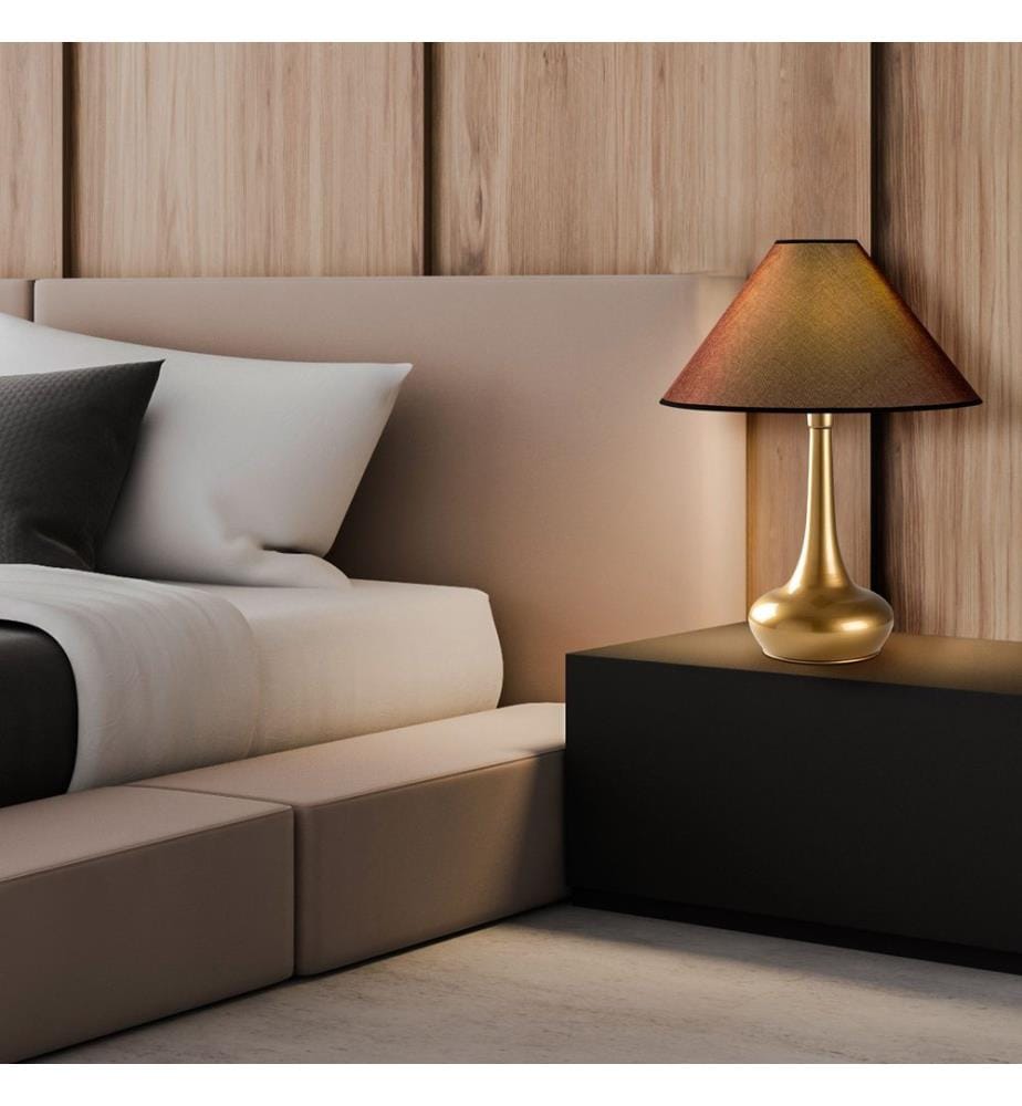 Lampe de table, dorée, corps en métal, capuchon en tissu