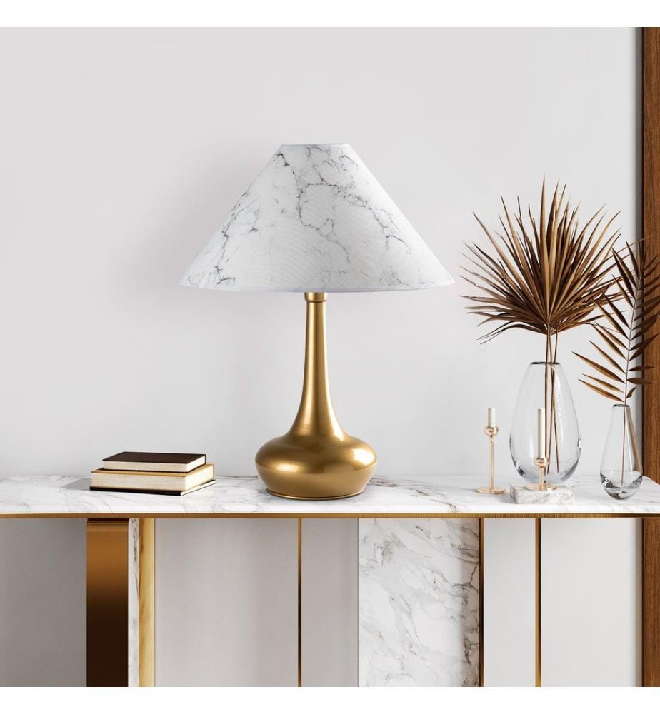 Lampe de table, dorée, corps en métal, capuchon en tissu