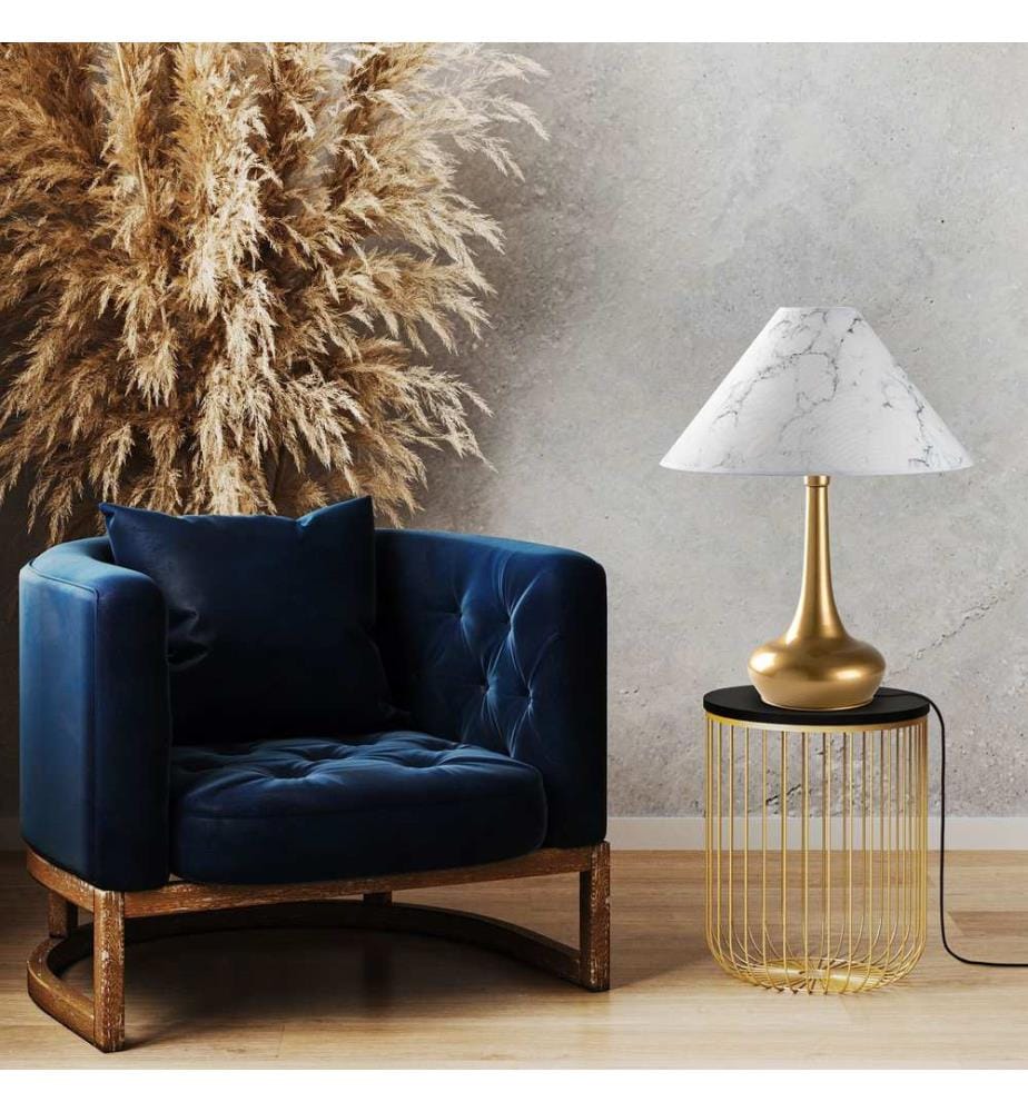 Lampe de table, dorée, corps en métal, capuchon en tissu